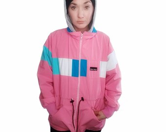 80s 90s Colorblock Jacket in Pink, Blue & White | Vintage Zip Up Windbreaker