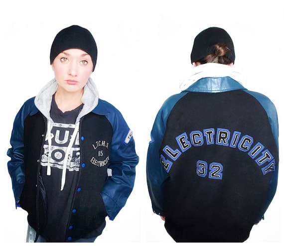 80s Letterman Varsity Jacket in Blue Leather & Bla