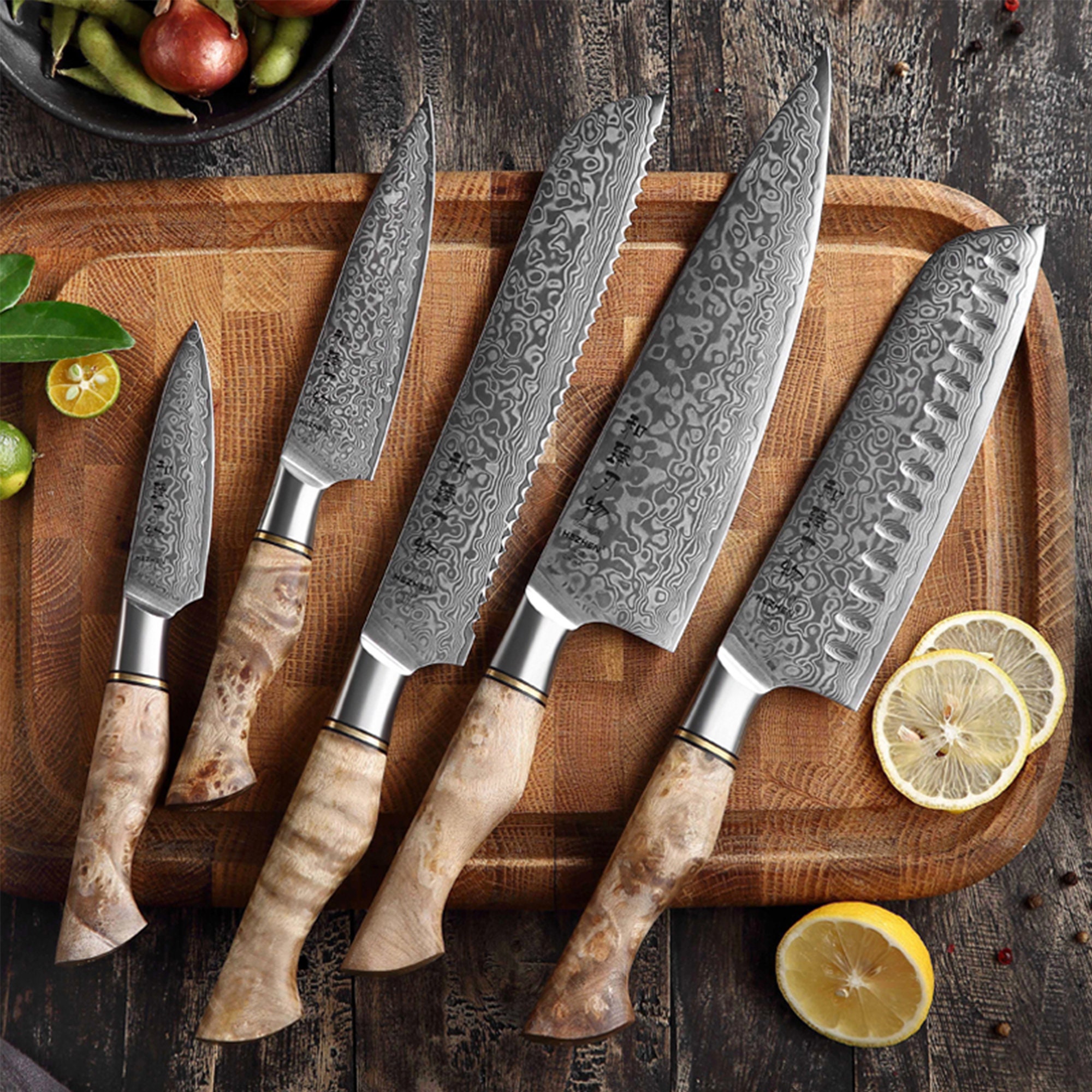 Damascus Chef Knife 5 Pc Set Best Gift Damascus Kitchen Etsy