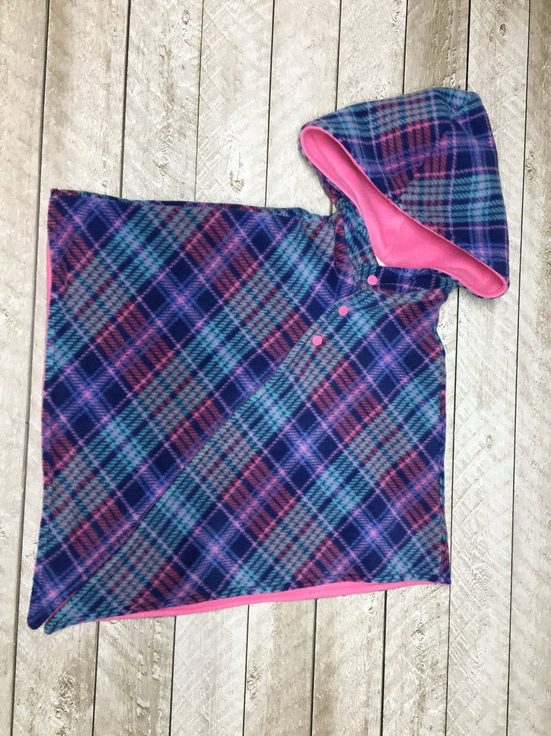 Navy Blue Pink Plaid Car Seat Poncho Hooded Fleece Blanket Toddler Girl Cat Cape