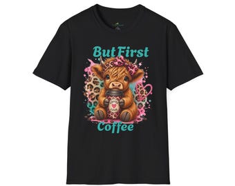 But First Coffee cow illustration T-Shirt | Leopard bow cow, pink watercolor