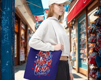 Faith Hope Love Tote Bag | Script Typography on Purple