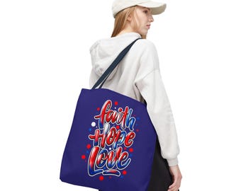 Faith Hope Love Tote Bag | Script Typography on Purple