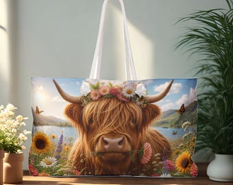 Floral Highland Cow Tote / Whimsical Country Bag