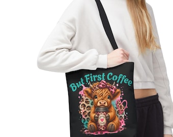 Highland Calf Coffee Tote Bag | But First Coffee Cow Design | Farmhouse Farmer’s Market Tote
