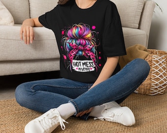 Hot Mess Mom colorful messy bun shirt | Mom T-Shirt, Neon Hair Graphic