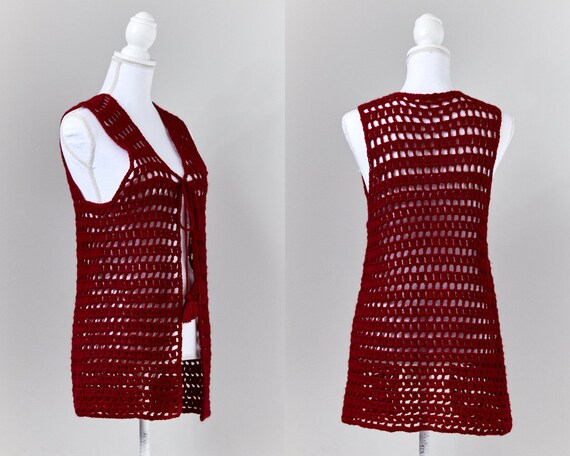 70’s Boho Hand Knit Vest, Burgundy Hand Knit Swea… - image 2