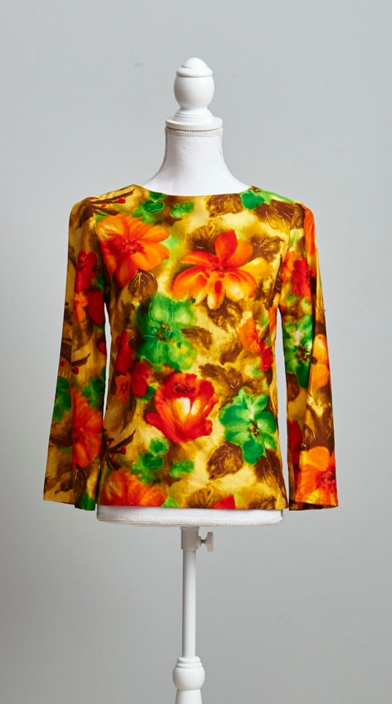 60s Floral Shirt, 70s Floral Blouse, Fall Shirt Wo