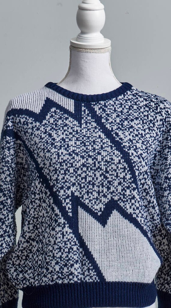 80s Geometric Sweater Women, 80s Navy Blue Sweate… - image 2