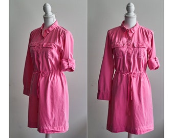 Hot Pink Women's Dress, 90s JCREW Dress, Vintage Collared Shirtdress