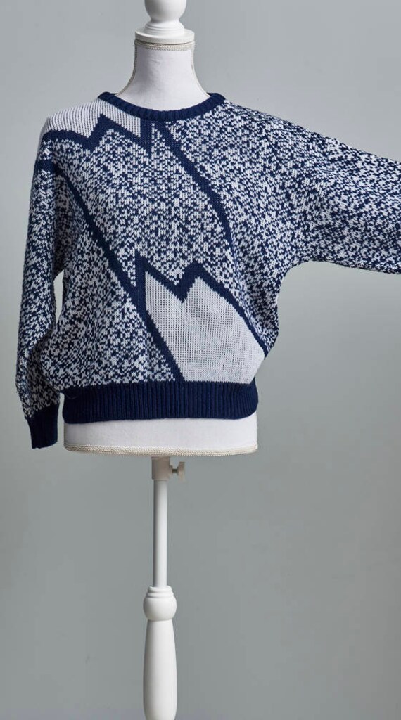 80s Geometric Sweater Women, 80s Navy Blue Sweate… - image 3
