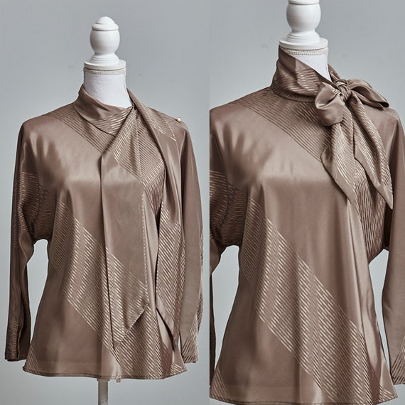 Vintage Pussy Bow Blouse Women, 80s Secretary Shir