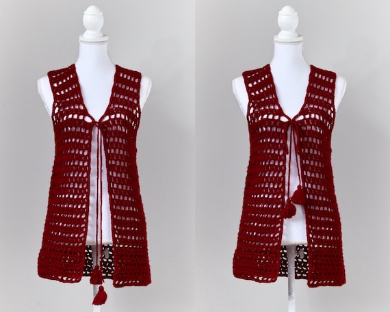 70’s Boho Hand Knit Vest, Burgundy Hand Knit Swea… - image 1