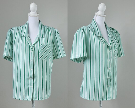80s Womens Short Sleeve Striped Blouse 