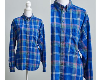 Womens Flannel Shirt, 90s Plaid Flannel Shirt, Blue Flannel Shirt