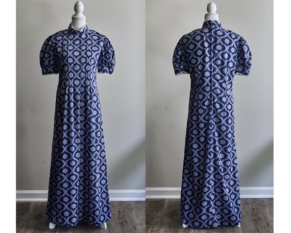 Navy Blue Boho Maxi Dress, High Collar Vintage Dr… - image 2