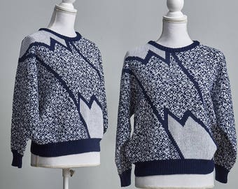 80s Geometric Sweater Women, 80s Navy Blue Sweater, Women’s Holiday Sweater