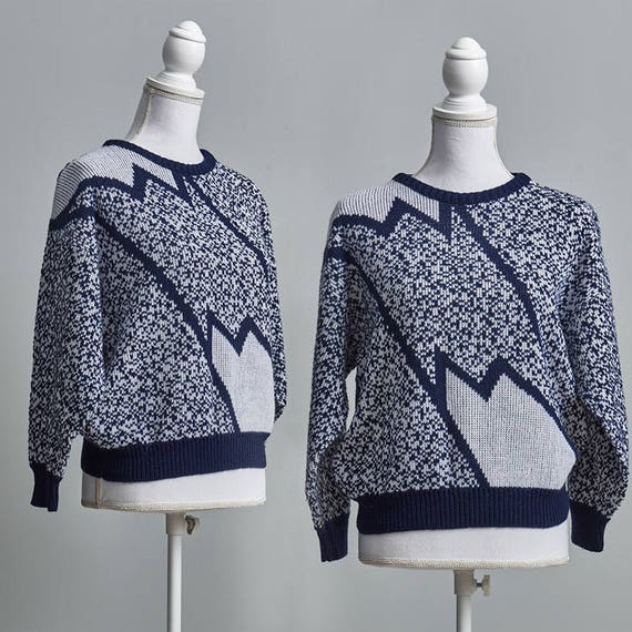 80s Geometric Sweater Women, 80s Navy Blue Sweate… - image 1