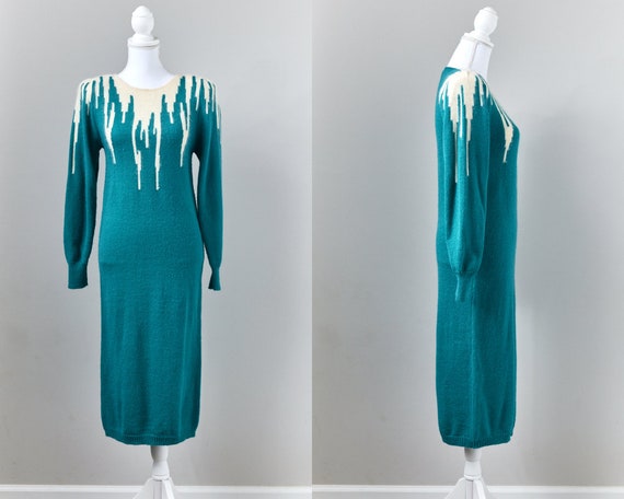 1980s Belted Sweater Dress, Teal & Cream Sweater D