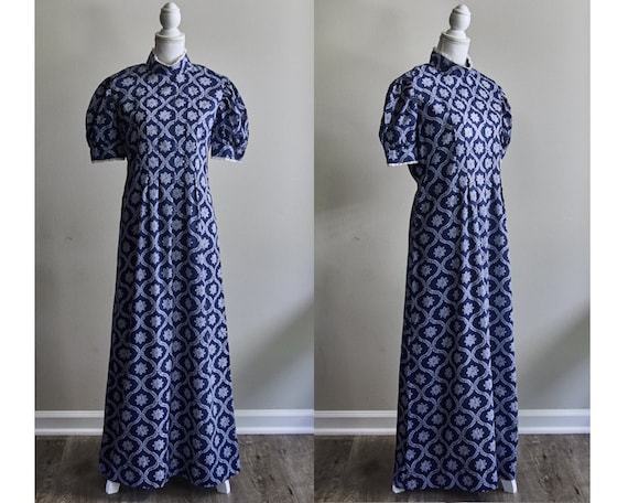 Navy Blue Boho Maxi Dress, High Collar Vintage Dr… - image 1