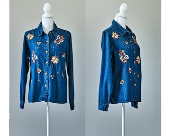 1990’s Denim Button Down, 90’s Embroidered Denim Shirt, Women’s 1990’s Denim Blouse