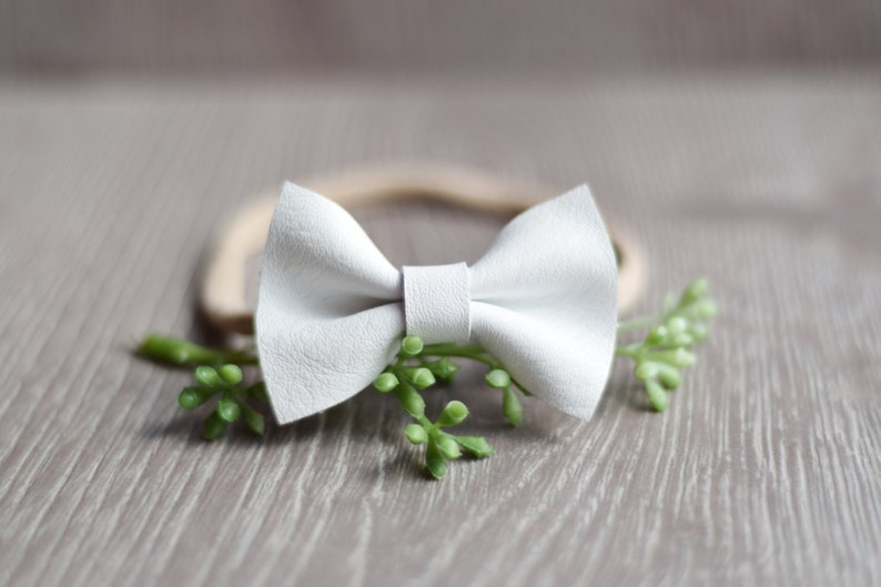 White leather bow Single Headband White Leather Leather bow