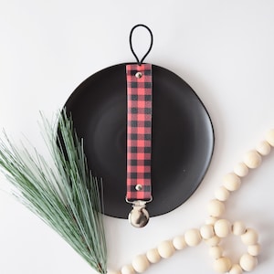 Red and Black Buffalo Plaid Pacifier Clip, Leather Pacifier clip, leather binkie clip, leather binky clip