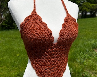 Top all'uncinetto all'americana: top da festival smerlato color rame scintillante
