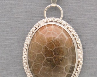 Sterling Silver Pendant with Fossilized Coral Cabochon