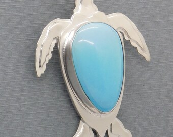 Unique Sterling Silver Leatherback Sea Turtle Pendant with a Sleeping Beauty Turquoise Cabochon