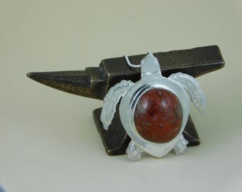 Unique Sterling Silver Loggerhead Sea Turtle Pendant with a Red Horn Coral Cabochon