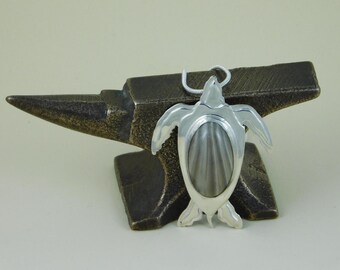 Unique Sterling Silver Letherback Sea Turtle Pendant with a Polish Flint Cabochon