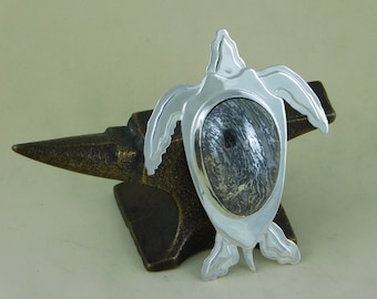 Unique Sterling Silver Leatherback Sea Turtle Pendant with a Native Silver in Calcite Cabochon