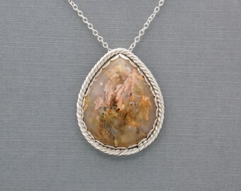 Unique Hand Crafted Sterling Silver Pendant With A Regency Rose Plume Agate Cabochon