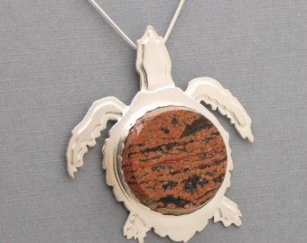 Unique Sterling Silver Kemp's Ridley Sea Turtle Pendant with a Starry Night Obsidian Cabochon.
