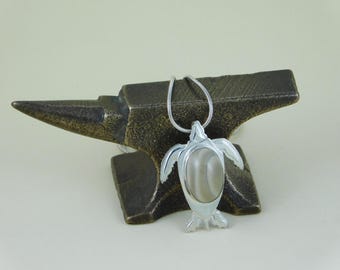 Unique Sterling Silver Letherback Sea Turtle Pendant with a Polish Flint Cabochon