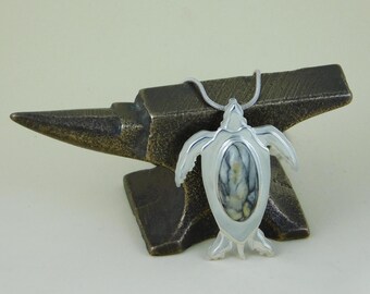 Unique Sterling Silver Letherback Sea Turtle Pendant with a Pinolite Cabochon
