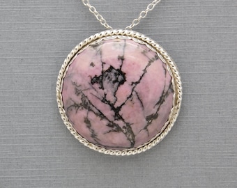 Unique Handmade Sterling Silver Round Pendant with a Rhodonite Cabochon