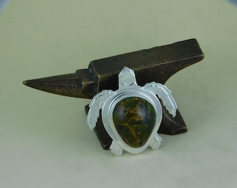 Unique Sterling Silver Loggerhead Sea Turtle Pendant with a Chester County (PA) Serpentine Cabochon