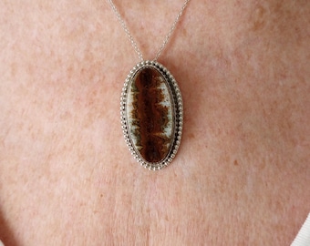 Unique Sterling Silver Oval Pendant with a Nova Scotia Seam Agate Cabochon