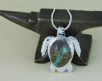 Unique Sterling Silver Loggerhead Sea Turtle Pendant with a Ribbon Turquoise Cabochon