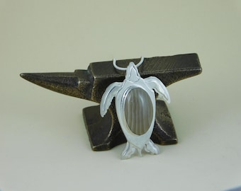 Unique Sterling Silver Letherback Sea Turtle Pendant with a Polish Flint Cabochon