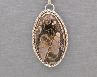 Unique Sterling Silver Pendant With Turritella Agate Cabochon