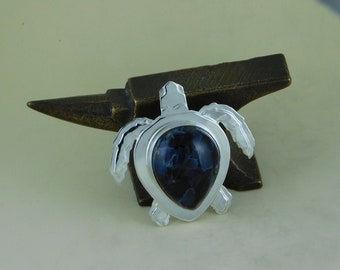 Unique Sterling Silver Loggerhead Sea Turtle Pendant with a Brecciated Pietersite Cabochon