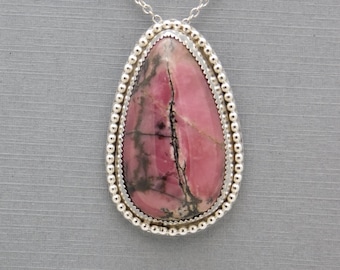 Unique Handmade Sterling Silver Teardrop Pendant with a Rhodonite Cabochon