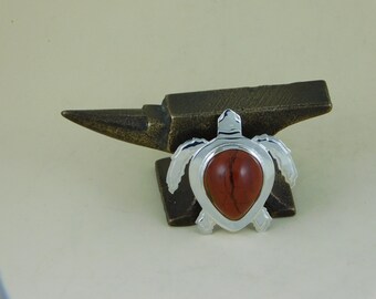 Unique Sterling Silver Loggerhead Sea Turtle Pendant with a Red Jasper Cabochon.