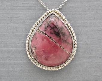 Unique Handmade Sterling Silver Teardrop Pendant with a Rhodonite Cabochon