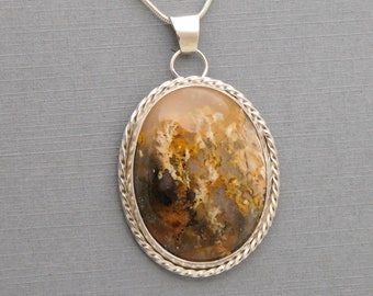 Unique Sterling Silver Pendant With A Regency Rose Plume Agate Cabochon