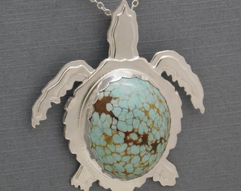Unique Hand-Crafted Sterling Silver Kemp's Ridley Sea Turtle Pendant with a Nevada #8 Turquoise Cabochon.