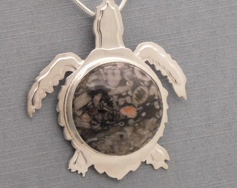 Unique Sterling Silver Kemp's Ridley Sea Turtle Pendant with a Fossilized Crinoid Cabochon.